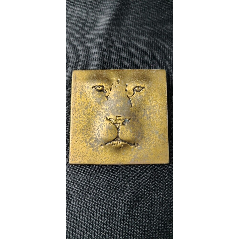 JJ Jonette Signed Pewter Brass Gold Tone Cat Lion Face Pin Brooch Vintage 1988